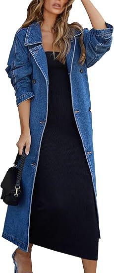 Womens Long Denim Trench Coat Oversized Vintage Jacket