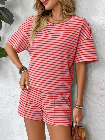 Womens Striped Lounge Set Casual Tee and Shorts Set