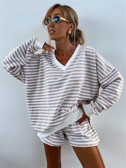 Striped V Neck Shorts Set Resort Lounge Two Piece