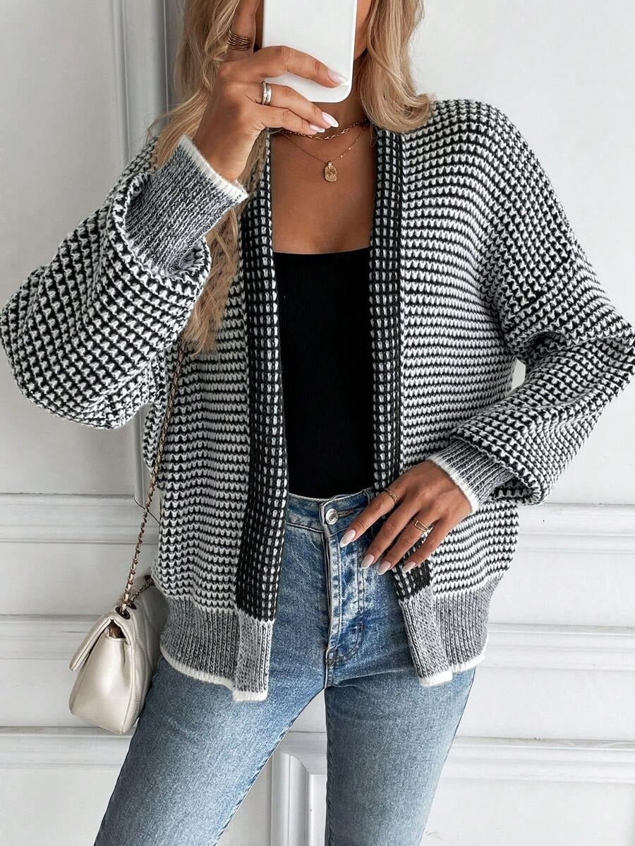 Women's Houndstooth Chunky Knit Open Front Cardigan