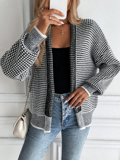 Women's Houndstooth Chunky Knit Open Front Cardigan