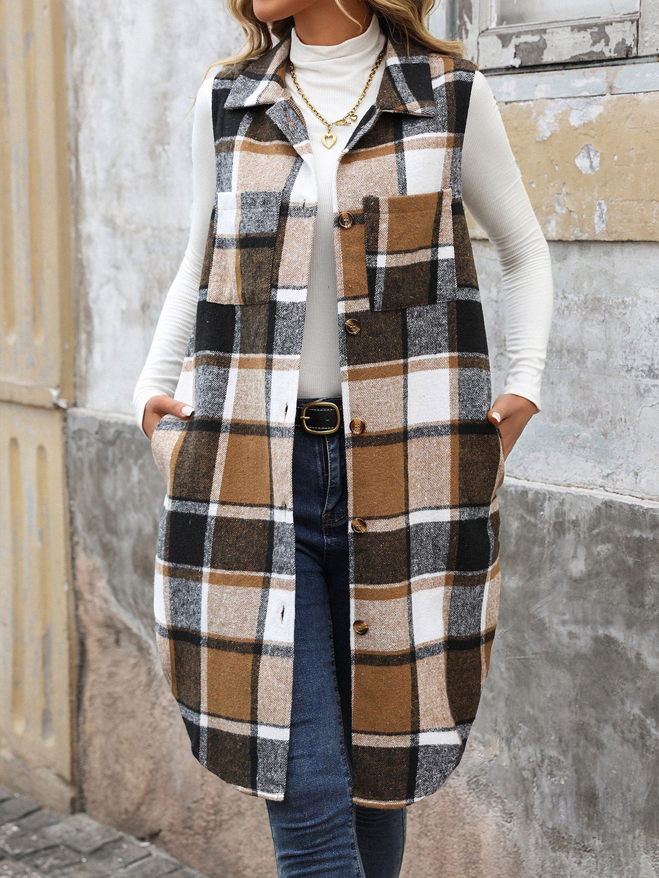 Plaid Longline Vest Lapel Button Front Pockets