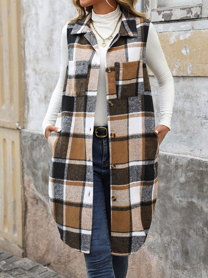 Plaid Longline Vest Lapel Button Front Pockets