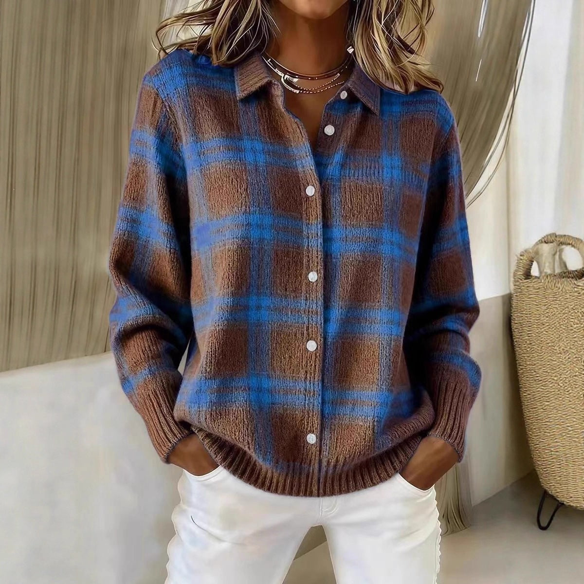 Plaid Collared Button Front Knit Cardigan
