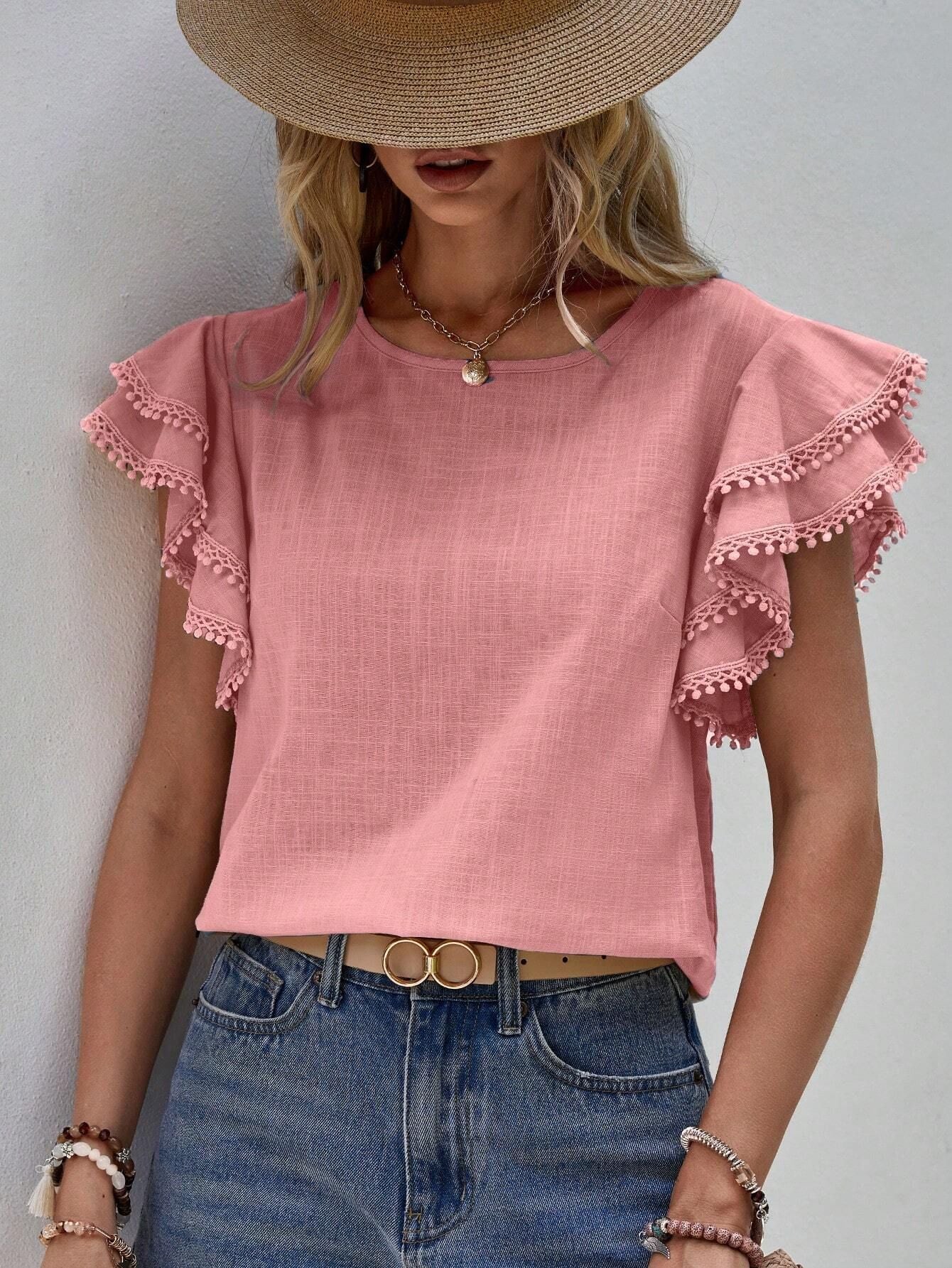 Solid Linen Look Ruffle Sleeve Boho Summer Top