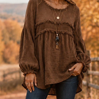 Women's Fringe Tiered Long Sleeve Flowy Textured Top
