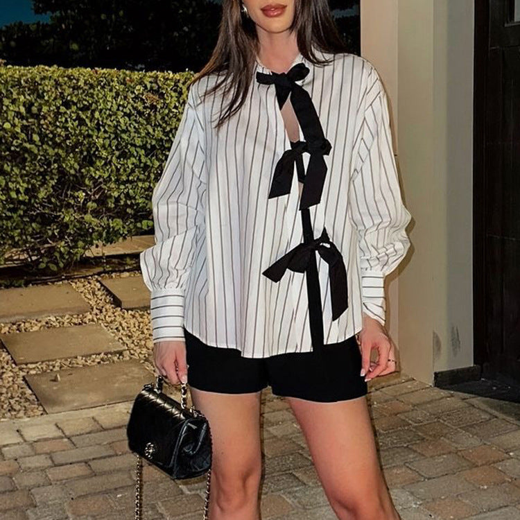 Women's Striped Bow Tie Long Sleeve Shirt Blouse