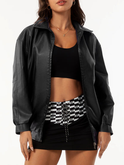 Womens Oversized Faux Leather Jacket Zip Up Casual