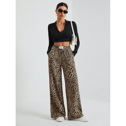 Leopard Print Wide Leg Pants High Waist Casual Trousers