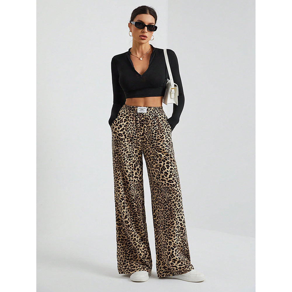 Leopard Print Wide Leg Pants High Waist Pocket Casual