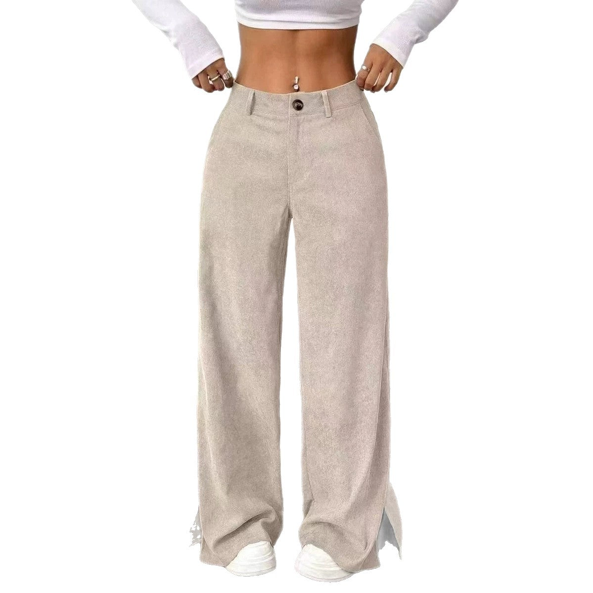 Women's Corduroy Wide Leg Pants Split Hem Casual Trousers