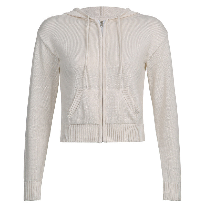 Women's Cropped Zip-Up Hooded Knit Cardigan with Pockets
