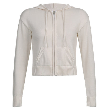 Women's Cropped Zip-Up Hooded Knit Cardigan with Pockets