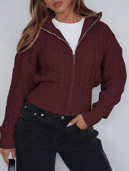 Women’s Solid Knit Zipper Hoodie Long Sleeve Cropped Sweater