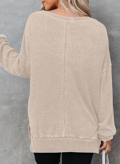 Waffle Split Hem Sweatshirt Women Casual Long Sleeve Top