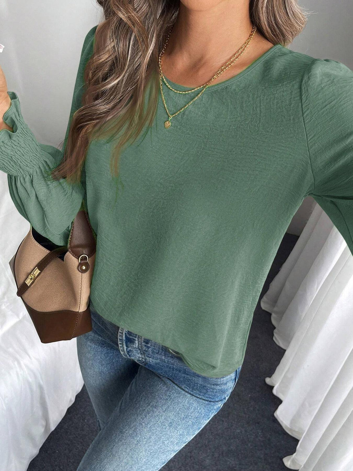 Women's Round Neck Balloon Sleeve Casual Blouse