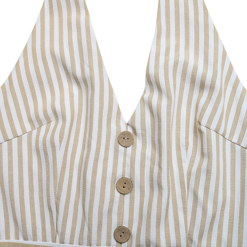 Striped Halter Romper Backless Summer Vacation Outfit