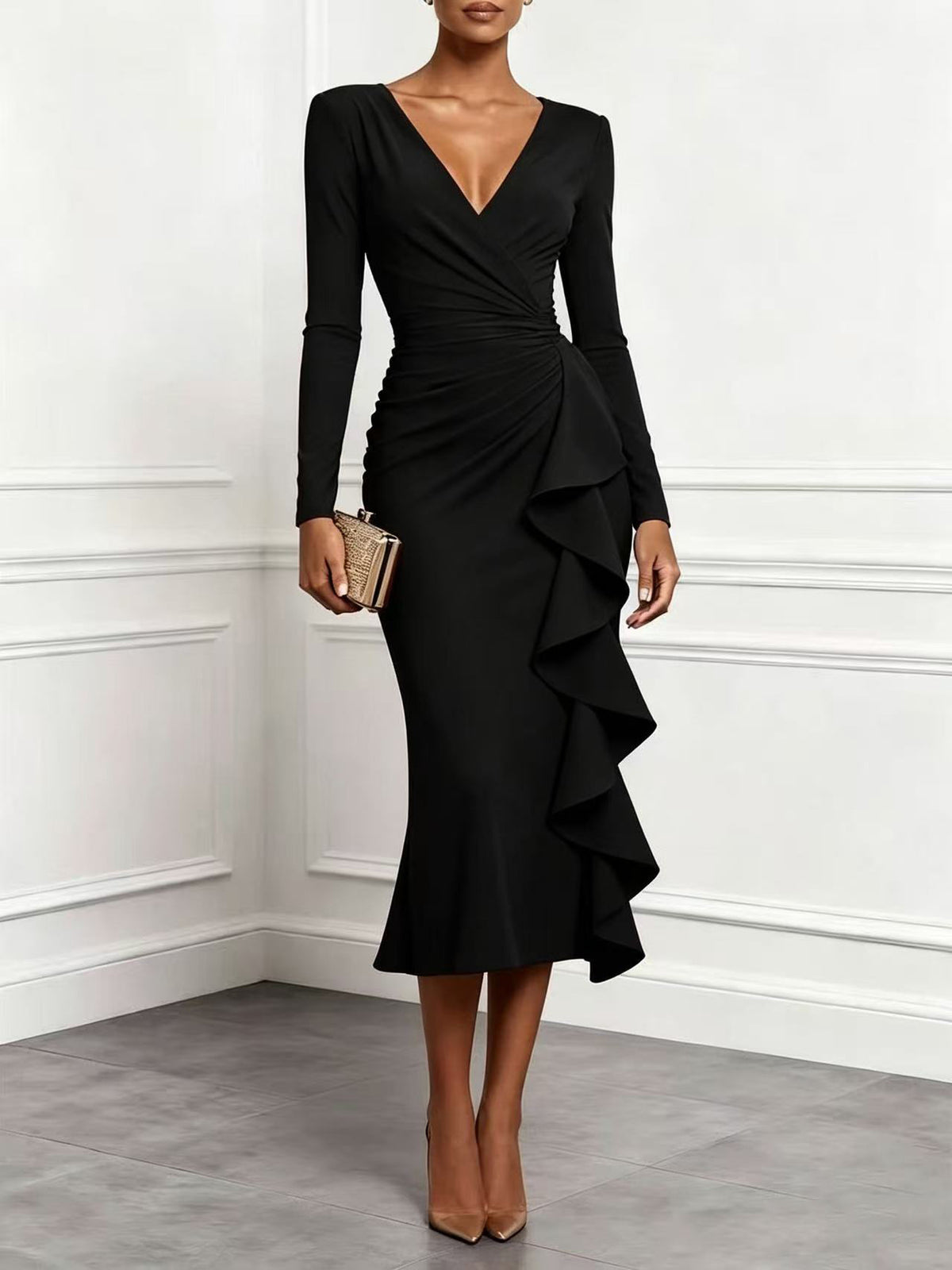 Women's V-Neck Long Sleeve Ruffle Cocktail Midi Dress
