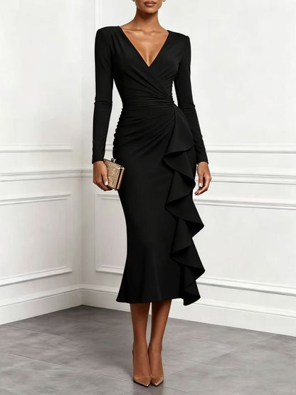Women's V-Neck Long Sleeve Ruffle Cocktail Midi Dress
