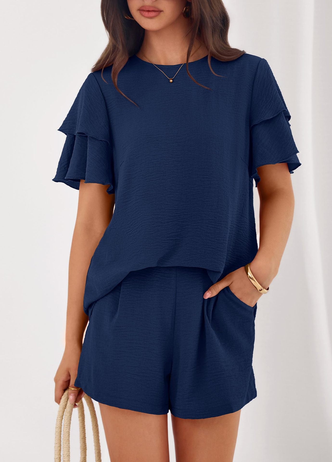 Solid Lounge Set Ruffle Sleeve Top Shorts 2 Piece Set