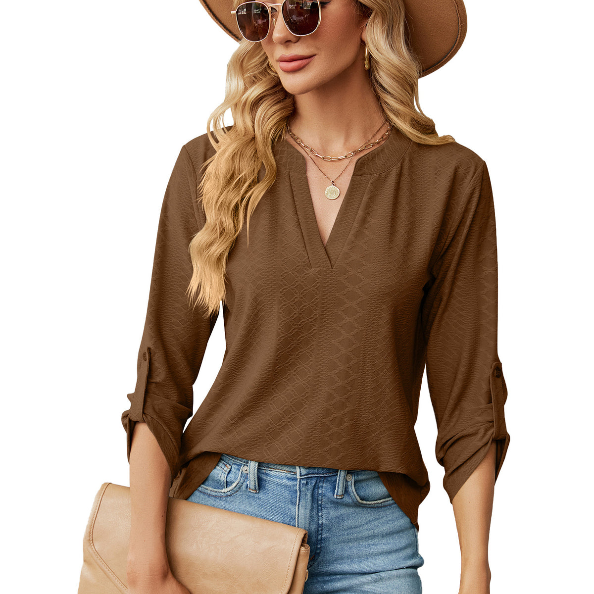 Womens V Neck 3/4 Sleeve Button Loose Tunic Top