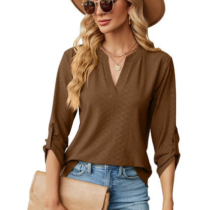 Womens V Neck 3/4 Sleeve Button Loose Tunic Top