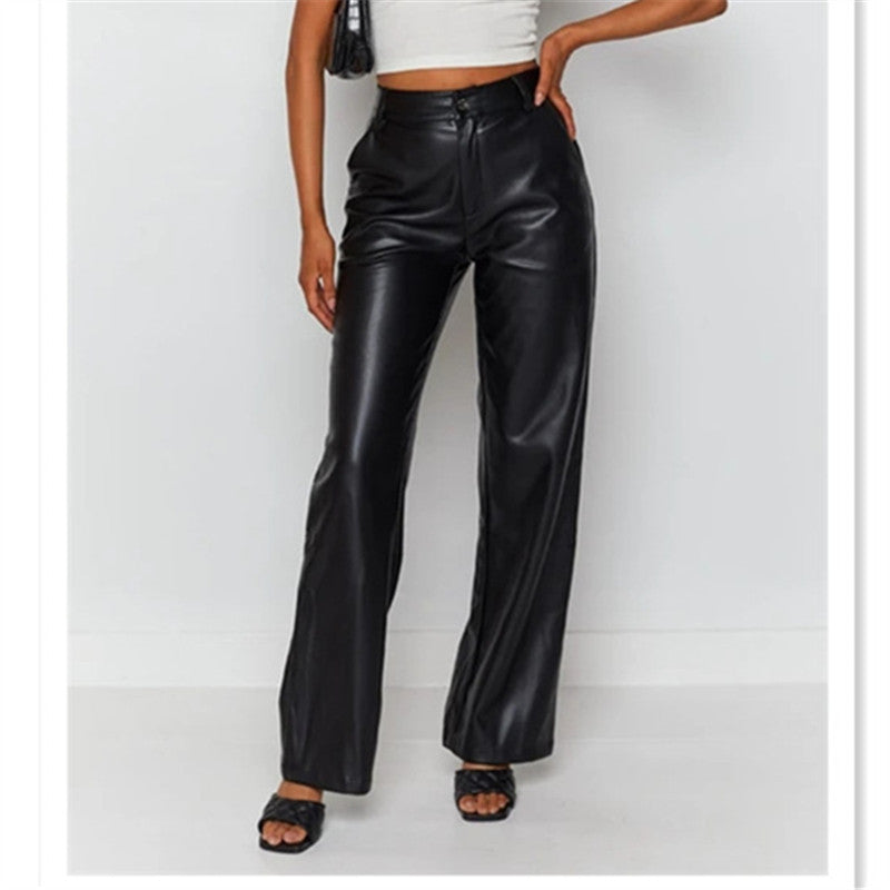 Women's High Waist Faux Leather Flare Pants