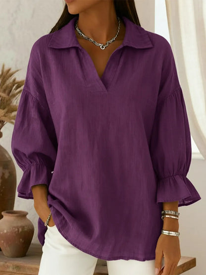 Oversized Collared V-Neck Blouse Ruffle Sleeve Casual Top