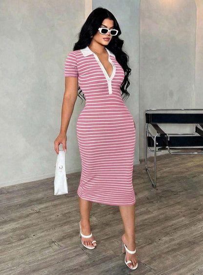 Polo Collar Stripe Bodycon Midi Dress Short Sleeve Casual