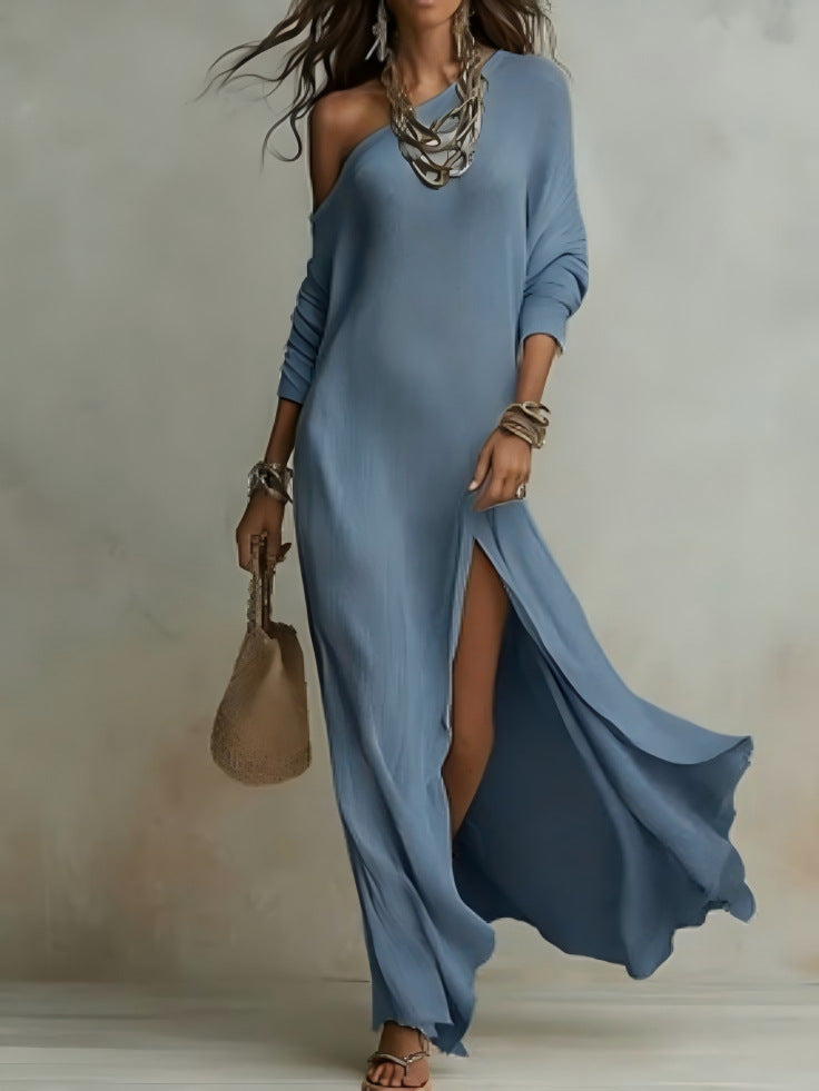 Women's One Shoulder Long Sleeve Side Slit Knit Maxi Dress