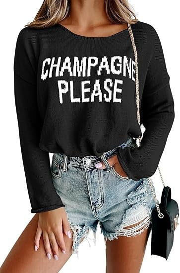 Women's Graphic Crew Neck Side Slit Knit Sweater