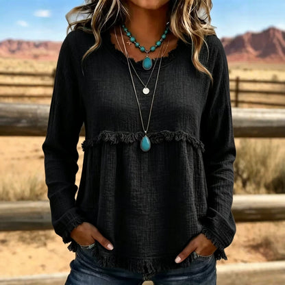 Boho Fringe Textured Long Sleeve Blouse