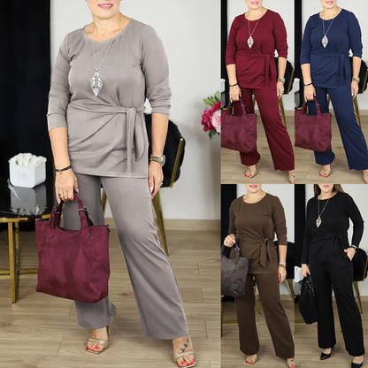 Plus Size Tie Waist Top and Pants Casual Lounge Set