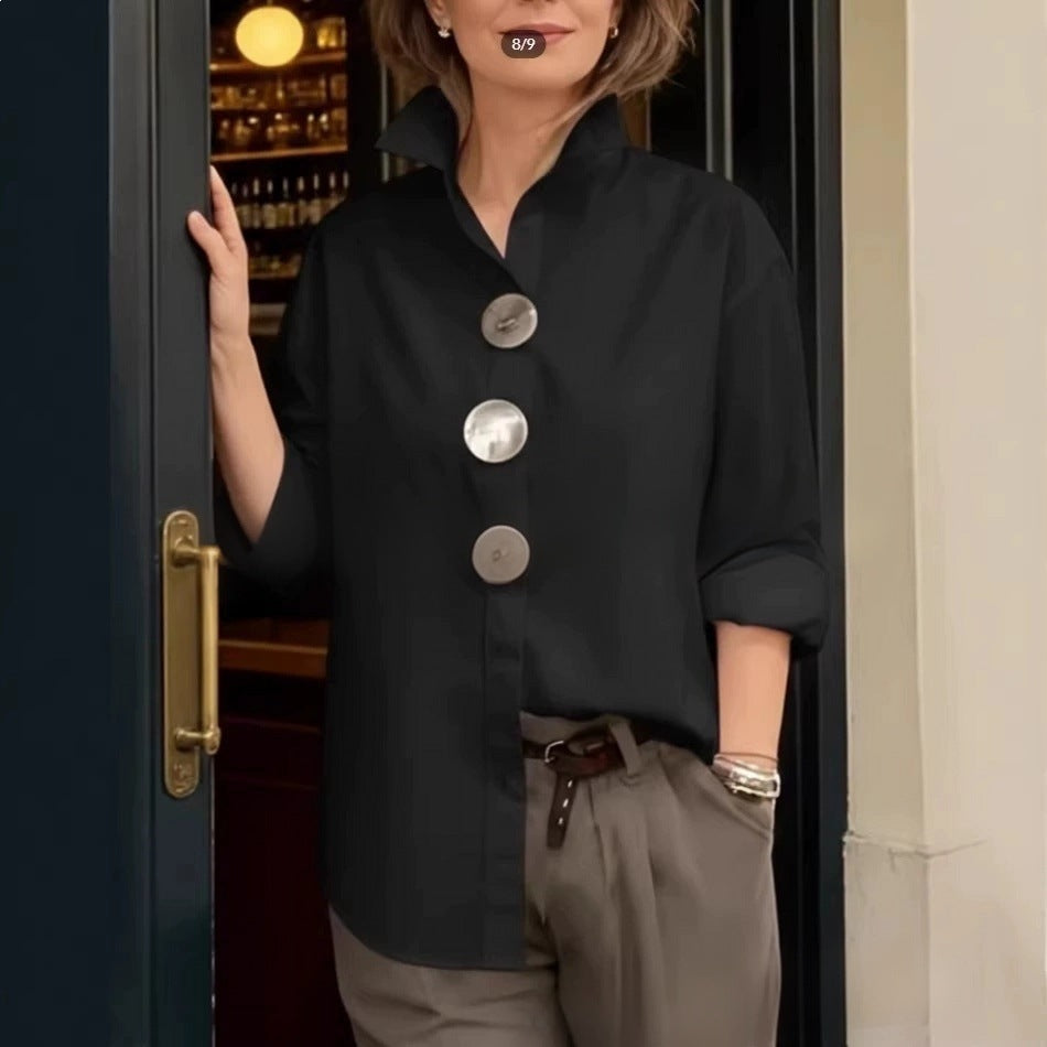 Women's Long Sleeve Collared Shirt Statement Buttons