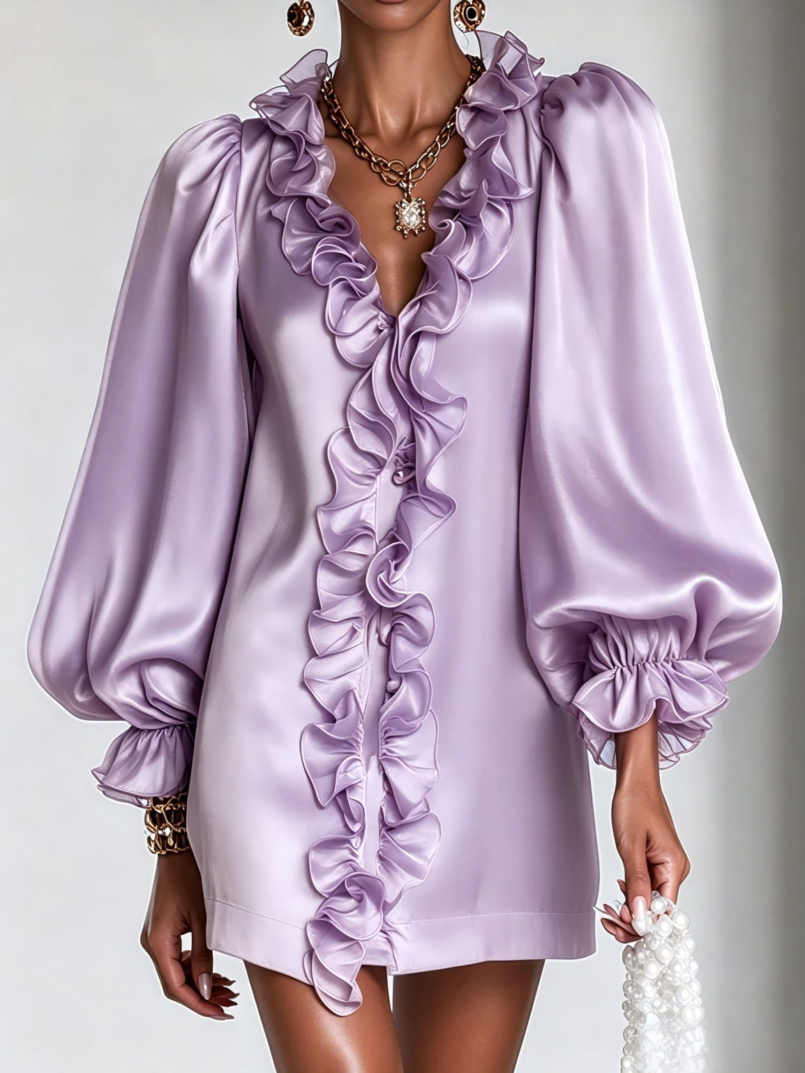 Women's Puff Sleeve Ruffle Deep V-Neck Mini Dress