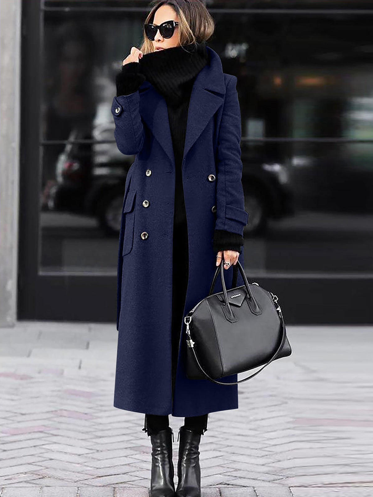 Womens Long Lapel Coat Double Breasted Winter Overcoat