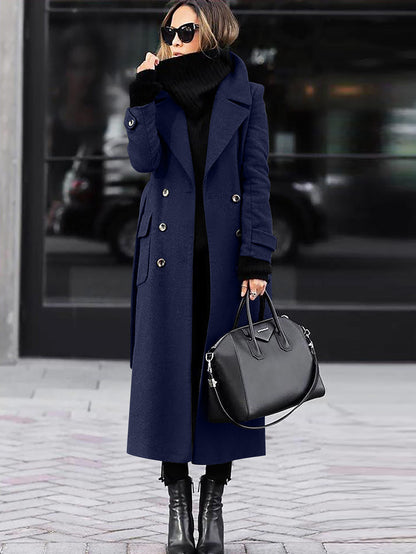 Womens Long Lapel Coat Double Breasted Winter Overcoat
