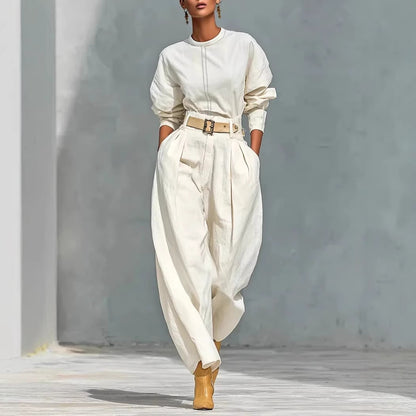 Women's Two Piece Belted Top & Wide Leg Pants Set