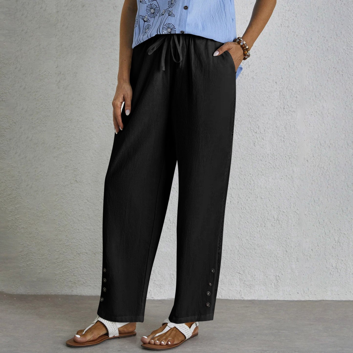 Women's Cotton Linen Pants Drawstring Eyelet Button Hem