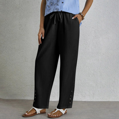 Women's Cotton Linen Pants Drawstring Eyelet Button Hem