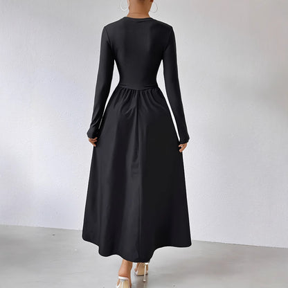 Black Mock Neck Long Sleeve Fit and Flare Maxi Dress