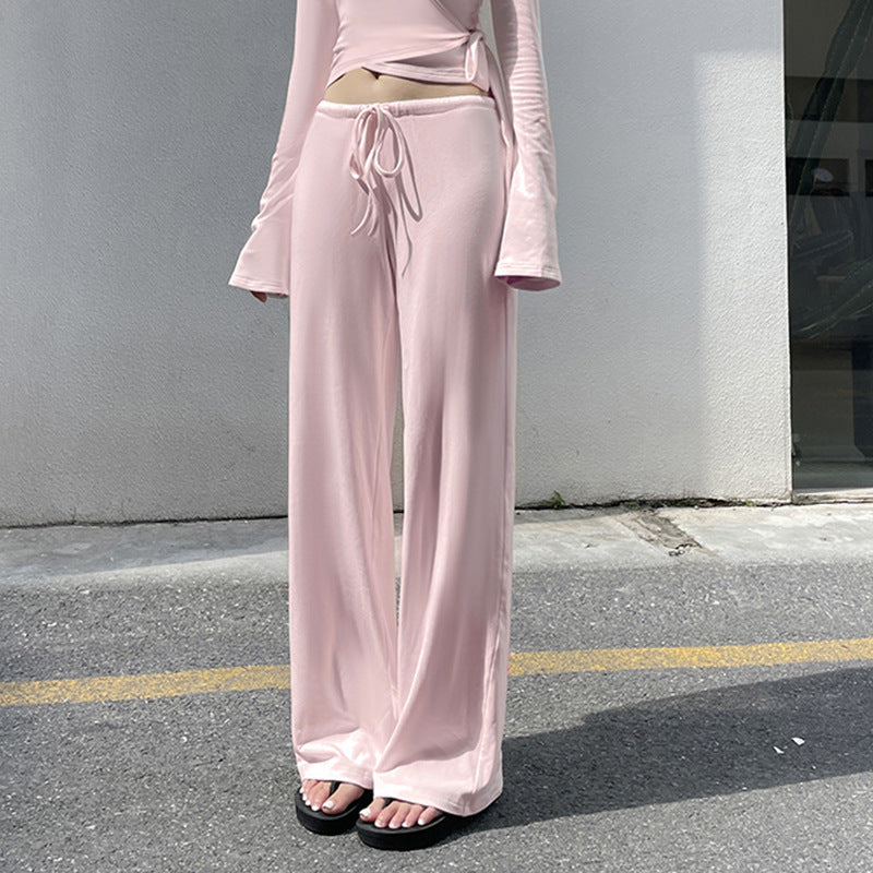 Women Sexy V Neck Wrap Top Wide Leg Pants Two Piece Set