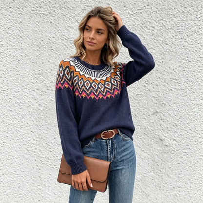 Women's Oversized Fair Isle Crew Neck Knit Sweater