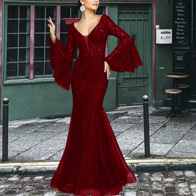 Sexy V-Neck Lace Mermaid Evening Gown Bell Sleeves