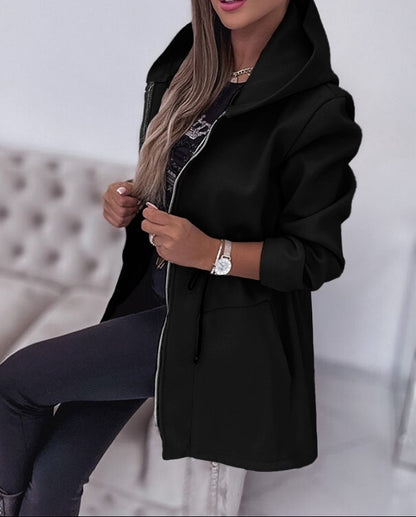 Women's Hooded Drawstring Waist Zip Up Mid Length Jacket