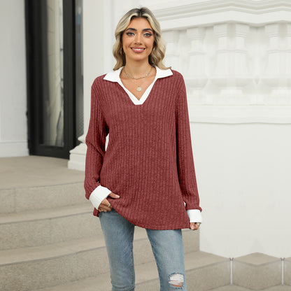 Women's Oversized Contrast Collar V Neck Long Sleeve Top