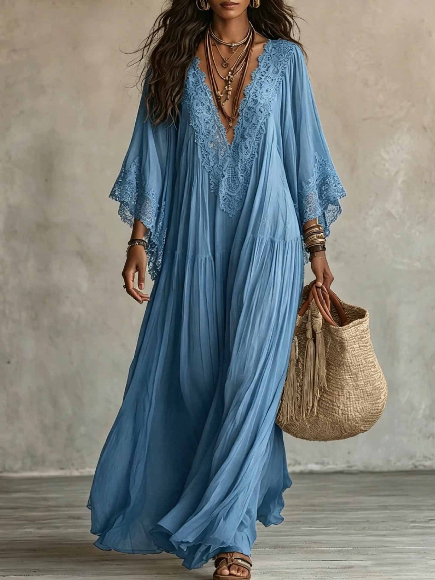 Women's Boho Lace Chiffon Long Sleeve Maxi Dress