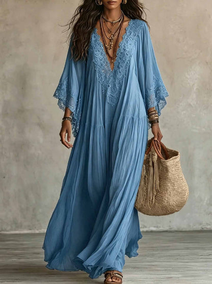 Women's Boho Lace Chiffon Long Sleeve Maxi Dress