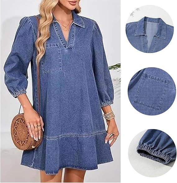 Women's V-Neck Denim Dress Puff Sleeve Tiered Jean Dress