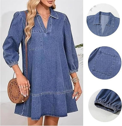 Women's V-Neck Denim Dress Puff Sleeve Tiered Jean Dress